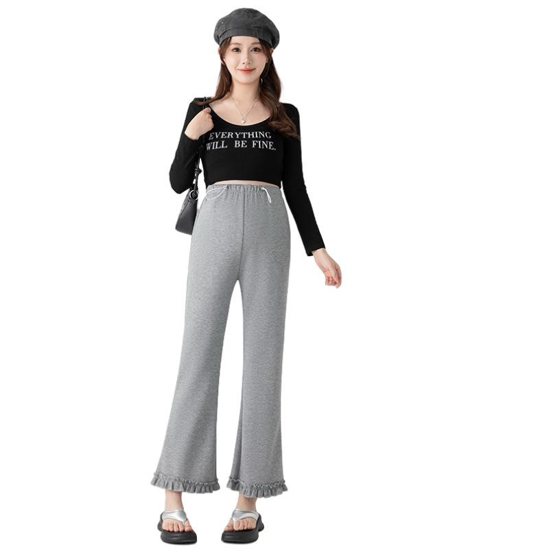 High Waist Ruffle Trim Maternity Pants - Spring & Autumn Micro Flare, Casual Loose Fit, Cropped Tailored.