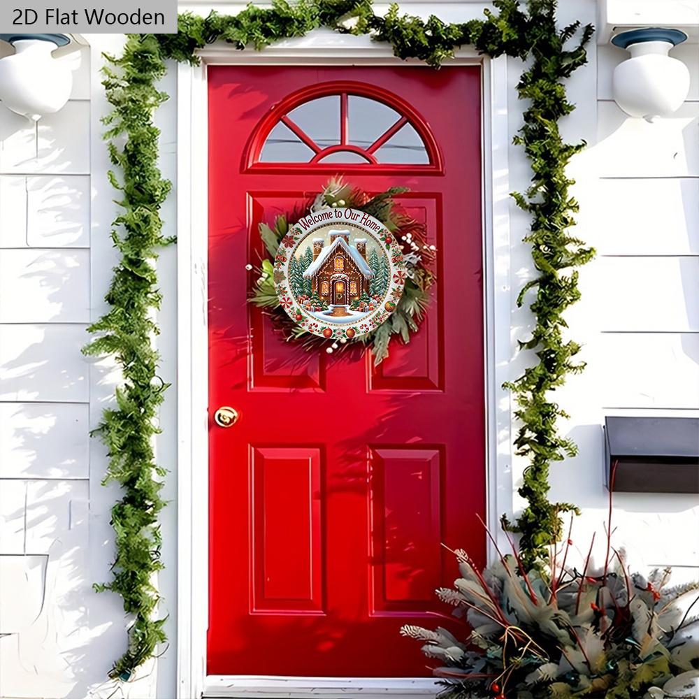 Christmas Wooden Welcome Sign with House Pattern - Navidad Round Sign for Front Door, Wall Hanging Decor - Ideal Christmas Decoration