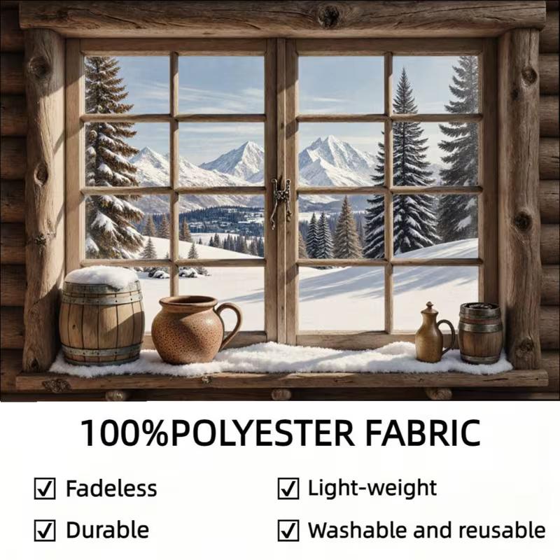 2D Alpine Cabin Backdrop, Cozy Window with Snowy Landscape Photography Background for All Occasions