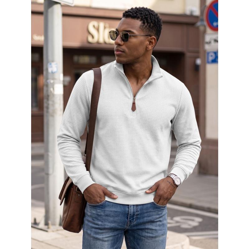 Men S American Style Waffle Knit Half Zip Stand Collar Long Sleeve Pullover Sweatshirt