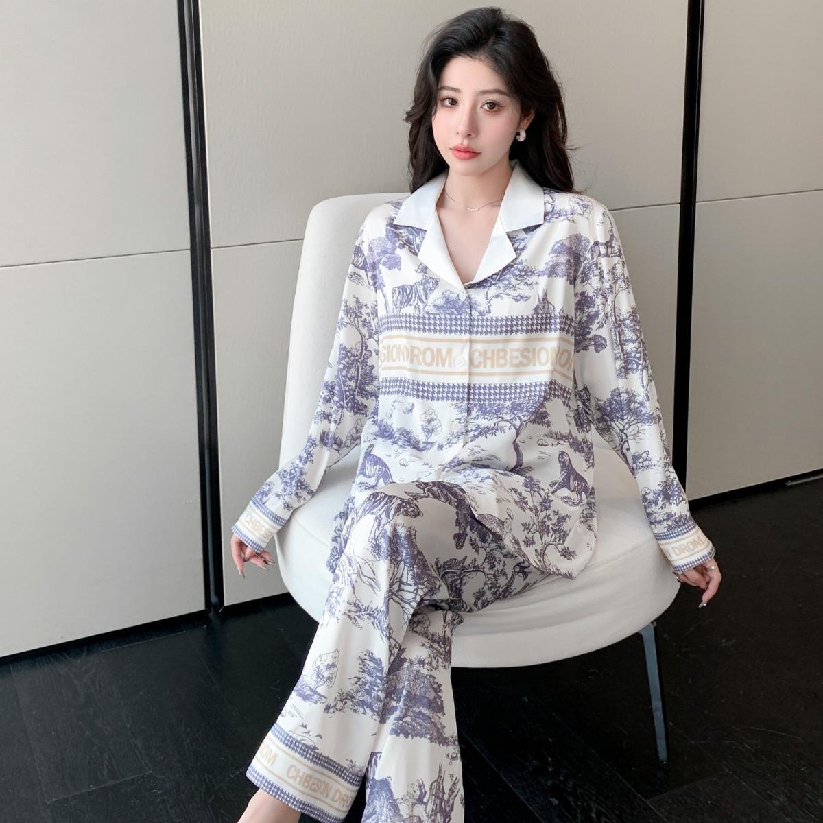 

Пижама женская весна и осень, брюки из ледяного шелка с длинными рукавами, комплект из двух предметов, простая повседневная домашняя одежда XXL