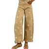 Women's Vintage Floral Daisy Print Wide Leg Jeans High Waist Ruffle Hem Patchwork Loose Denim Pants