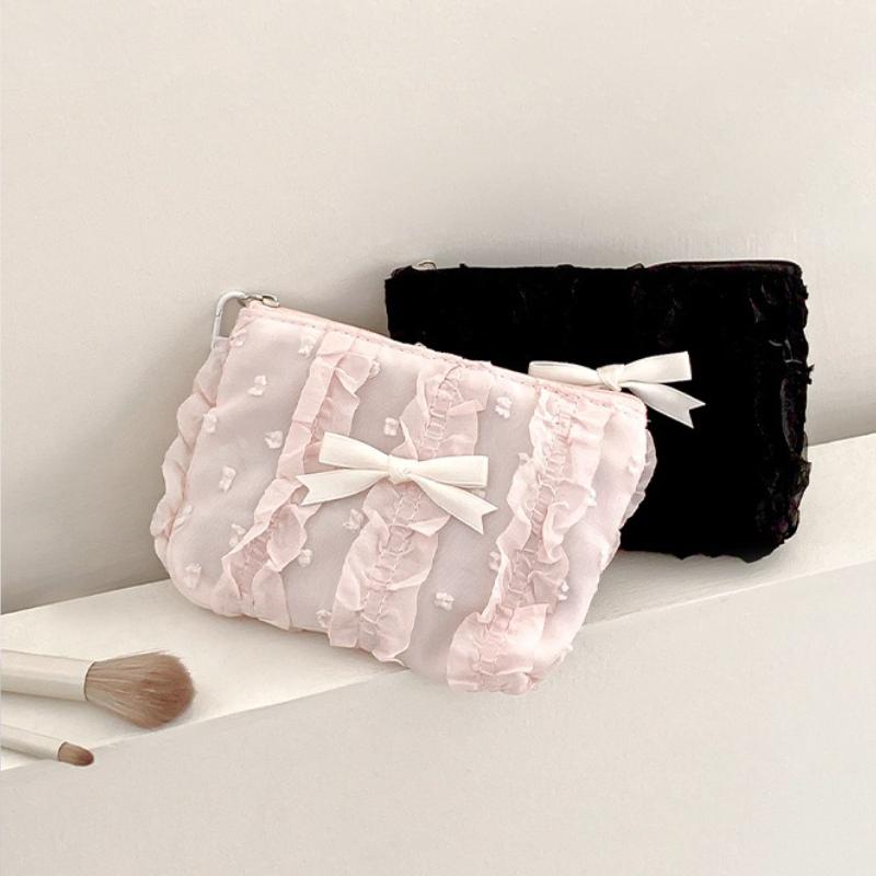 Cute Makeup Bag for Women Korean Style Lace Bow Cosmetic Pouch Large Capacity Travel Toiletry Organizer Zipper Clutch Coin Purse