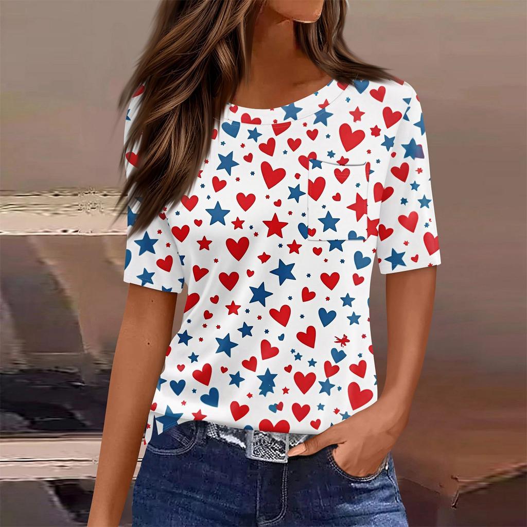 T Shirts For Women Round Neck Dressy Casual Blouses Printing Short Sleeve Summer Tops Loose Fit