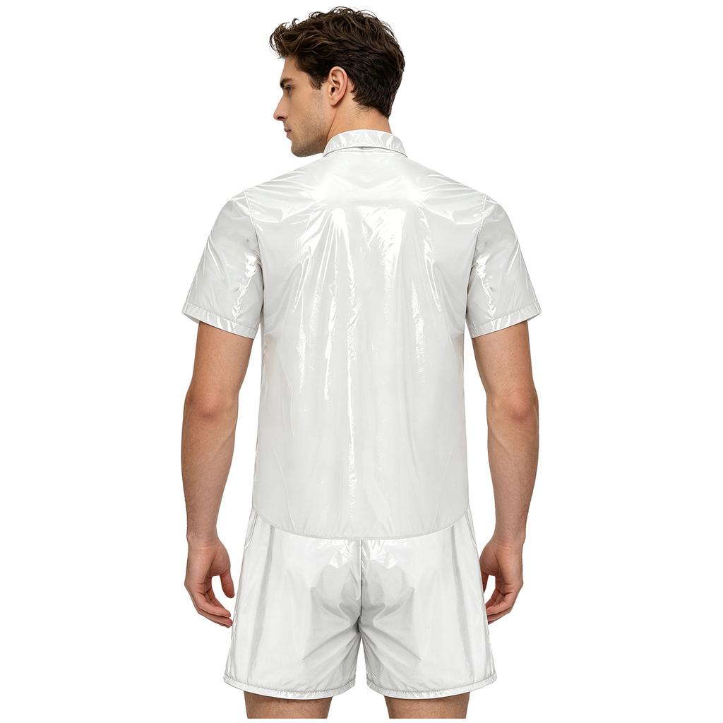 S-3XL Men Waterproof Training Outfit Short Sleeve Front Button Collared T-Shirt and Elastic Waistband Built-in Boxer Briefs for Wrestling Swim Gym