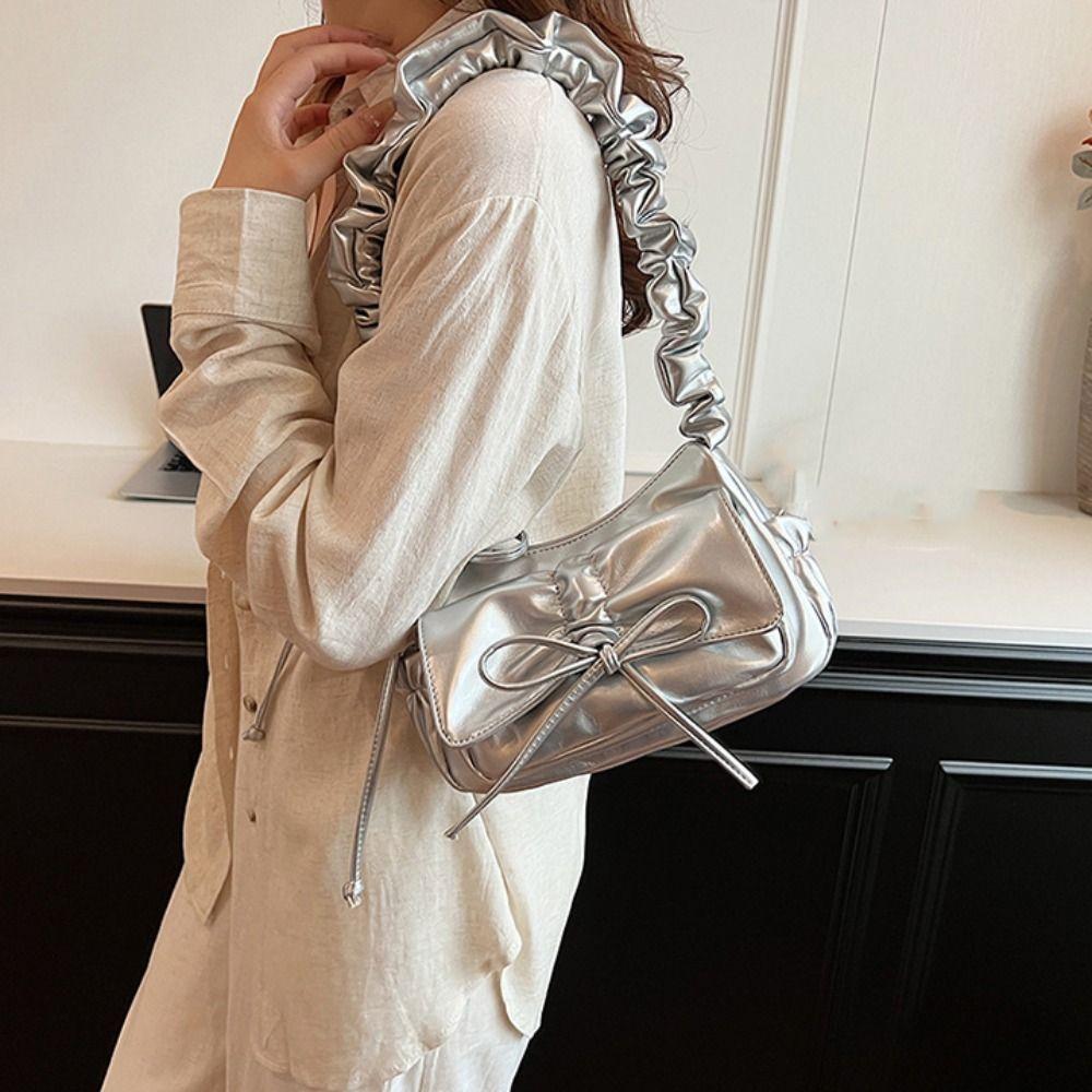 Ruched Bowknot Shoulder Bag Pu Leather Crossbody Bag Elegant Bow Underarm Bag  Women