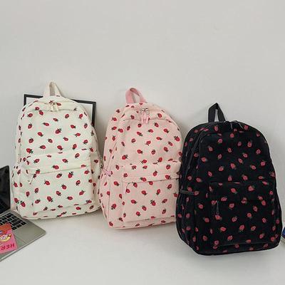 Corduroy Strawberry Backpack Casual Travel Backpack Large Capacity Fashion Teenagers Daypack Adjustable Strap for Outdoor Travel