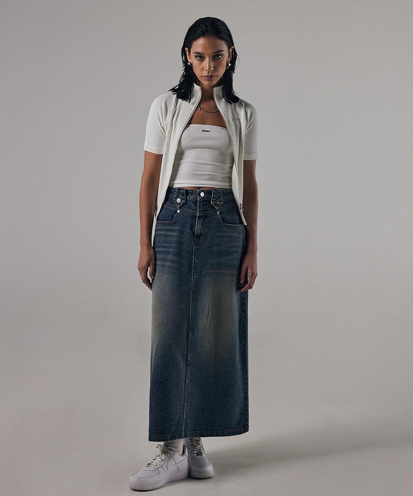 Teulimingbeodeu Front Yoke Denim Long Skirt [ Dark Blue ]