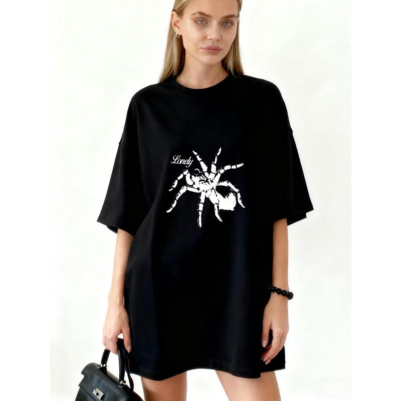 Oversized T Shirt Dress Black Spider And Lady Print Casual Streetwear For Women S чёрный