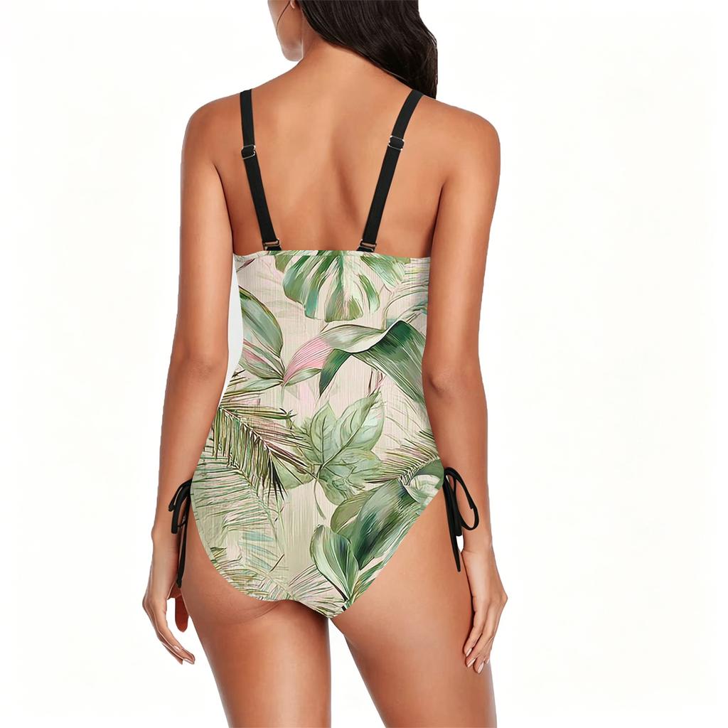 Women Swimsuit Tropical Leaf Print Scoop Neck Adjustable Side Tie Bathing Suit Beachwear for Summer