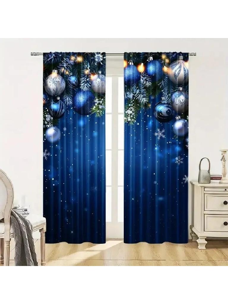 2pcs Festive Blue Christmas Ornament & Snowflake Pattern Curtains, Designed for Light Blocking, Premium Material, Suitable for C