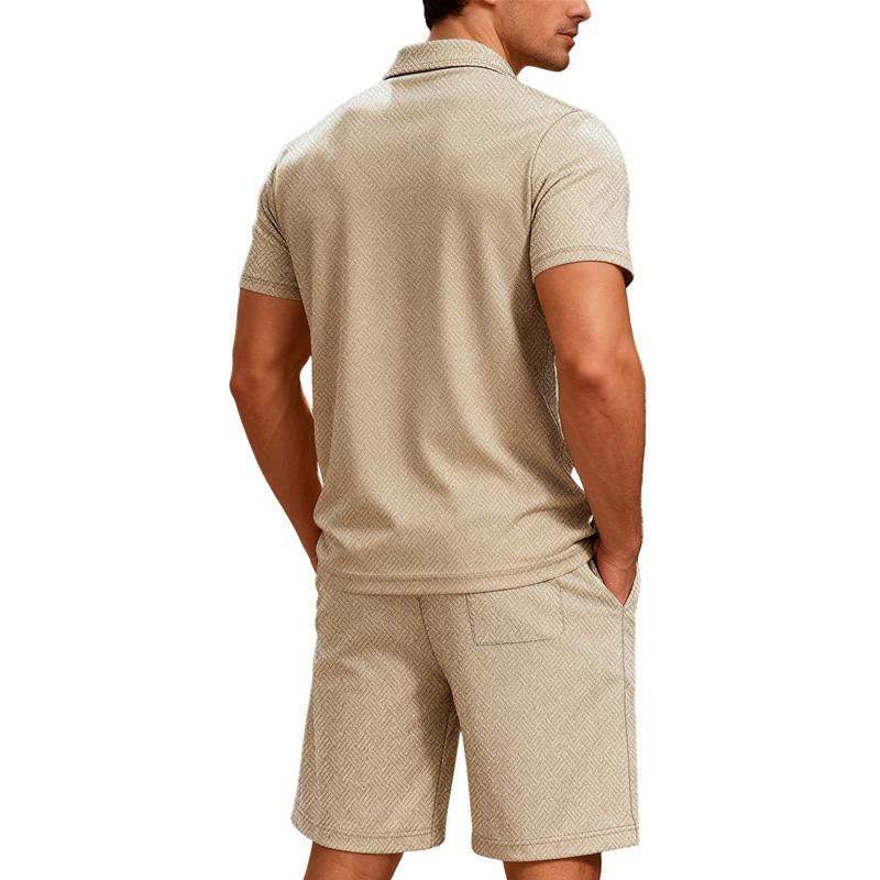 Summer Men Jacquard Textured Matching Set Half Zip Collar Polo Short Sleeve Top Drawstring Waist Shorts Golf Beach Two Piece Tracksuit