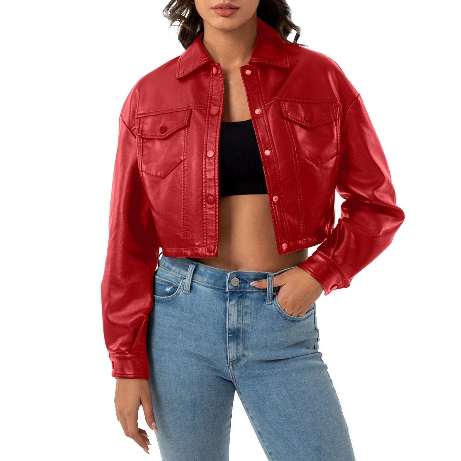 

Женская повседневная кожаная куртка однотонного цвета с длинными рукавами, однобортная короткая куртка, пальто с лацканами XL красный