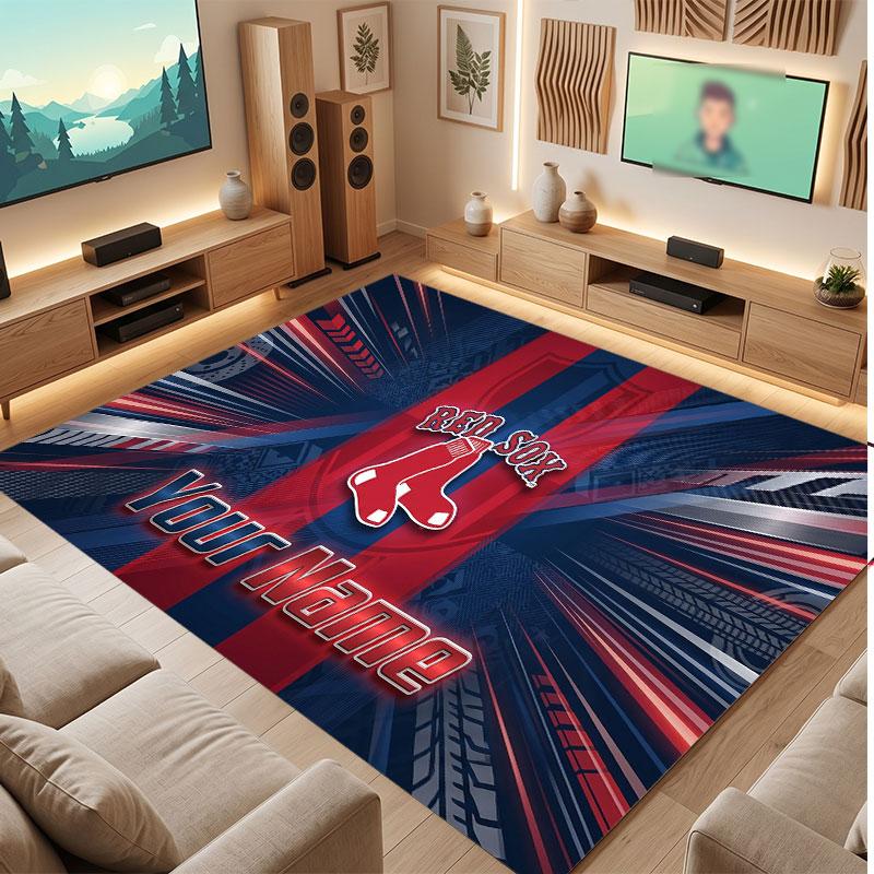 Boston Red Sox Personalized Crystal Velvet Carpet, Customized Name Text Soft Anti‑Slip Rug for Living Room Bedroom