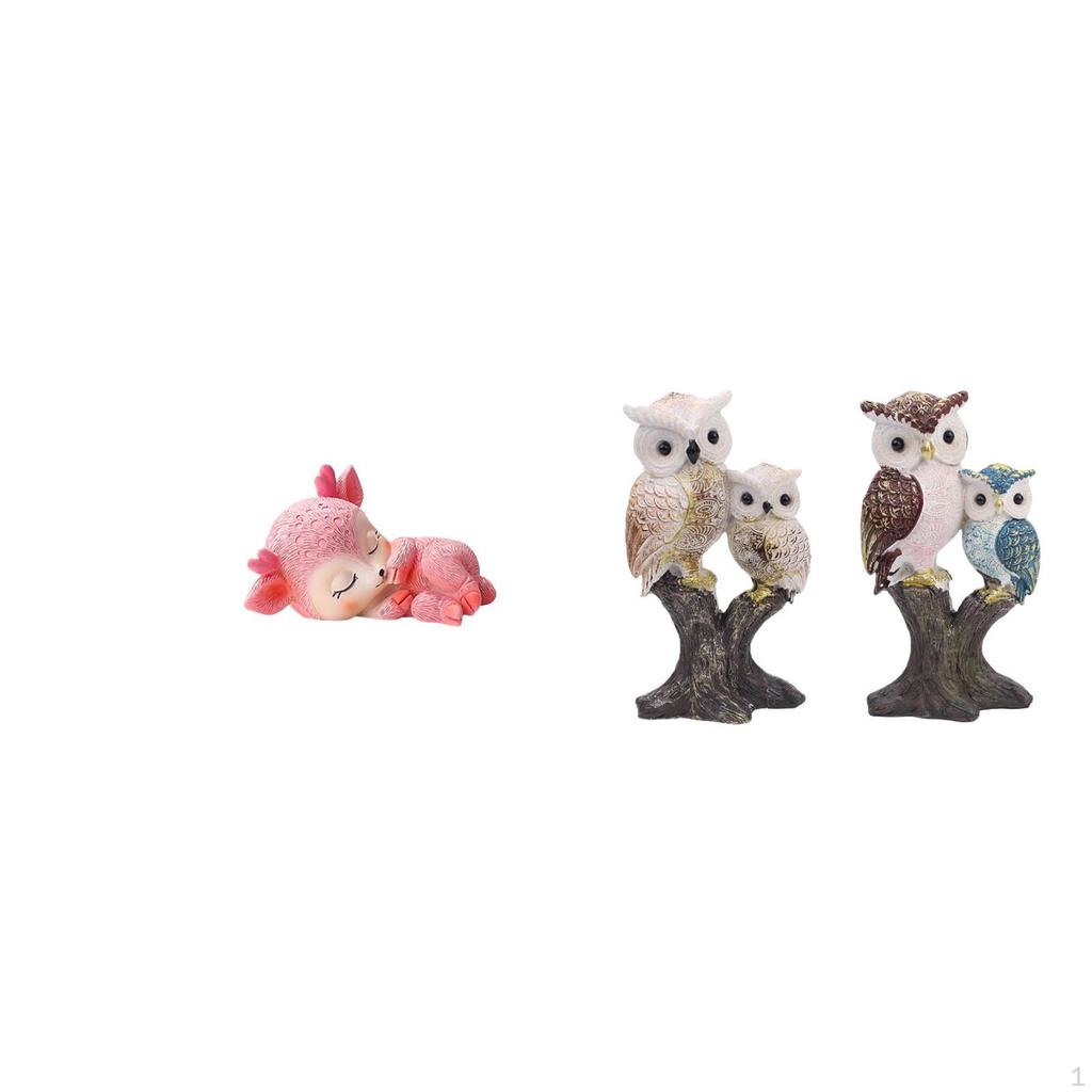 Resin Cute Sleeping Deer And Owl Statue Figurine Realistic Animal Sculpture Tabletop Desktop