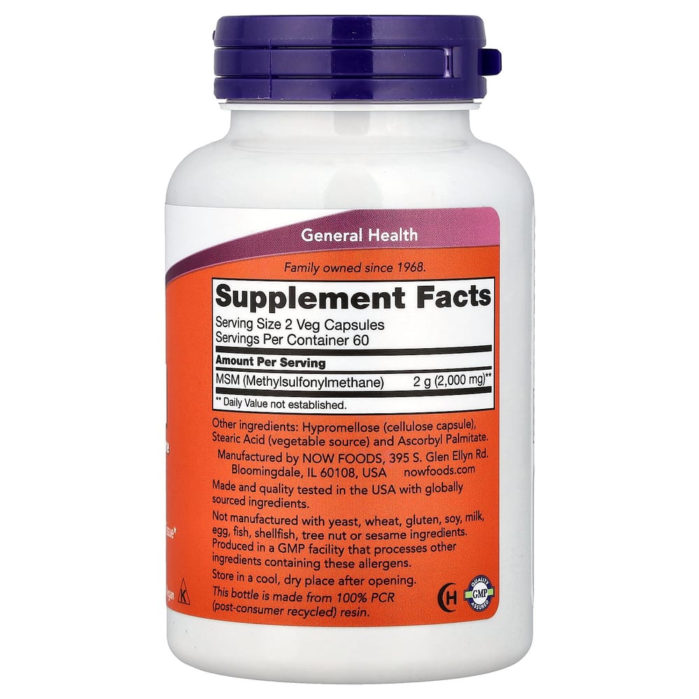 NOW Foods MSM Methylsulfonylmethane 1000 mg, 120 Vegetable Capsules