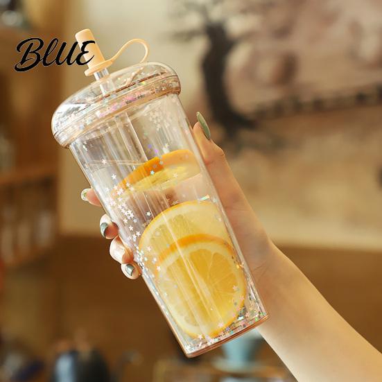 Outdoor Outing Water Container Transparent Straw Cup with Sequins Decor And Leak Proof Reusable Bubble Tea Cup Lid Plastic Sippy for Students Teens