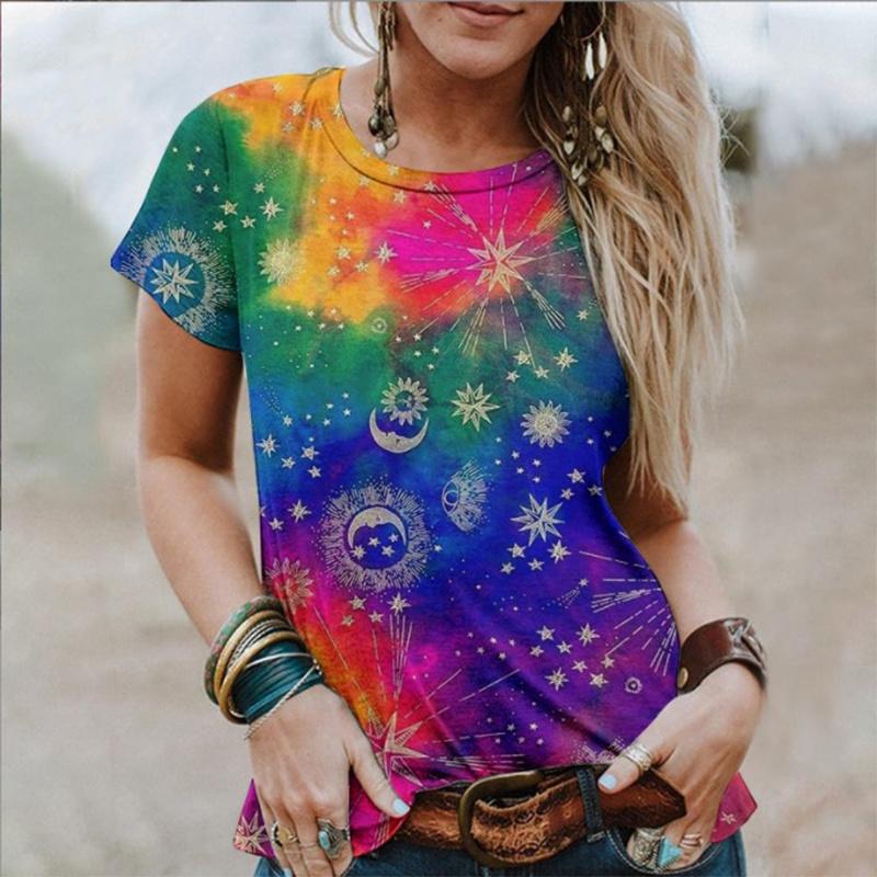 New women's printed T-shirt 3D printed tie dye star moon T-shirt women's street wear short sleeved Harajuku T-shirt
