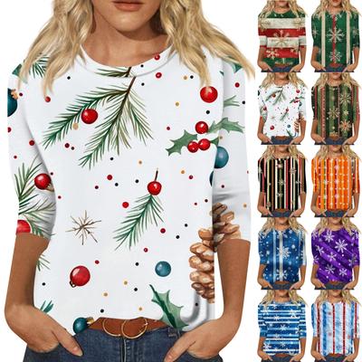 Women's Fashion Casual Seven Sleeve Christmas Printed Round Neck Top