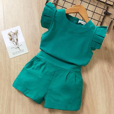 Summer Fashion Hot-Selling Girls' Flutter Sleeve Short Vest Doll Shirt Shorts Two-Piece Set Solid Color Outfit