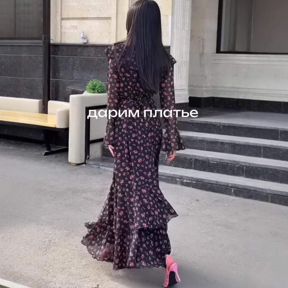 European-American Bell Sleeve Printed Evening Dress - Sexy, Stylish French Style Women's Clothing.