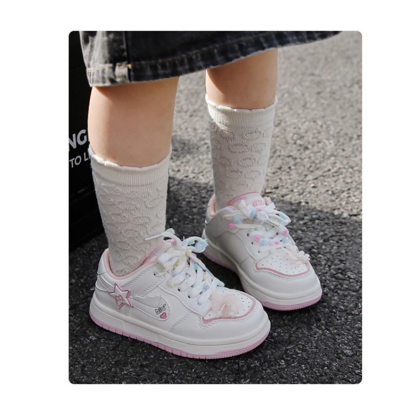 Girls Chunky Sneakers With Floral Print PU Leather Casual Shoes Kids Ages 4-12 Rubber Sole