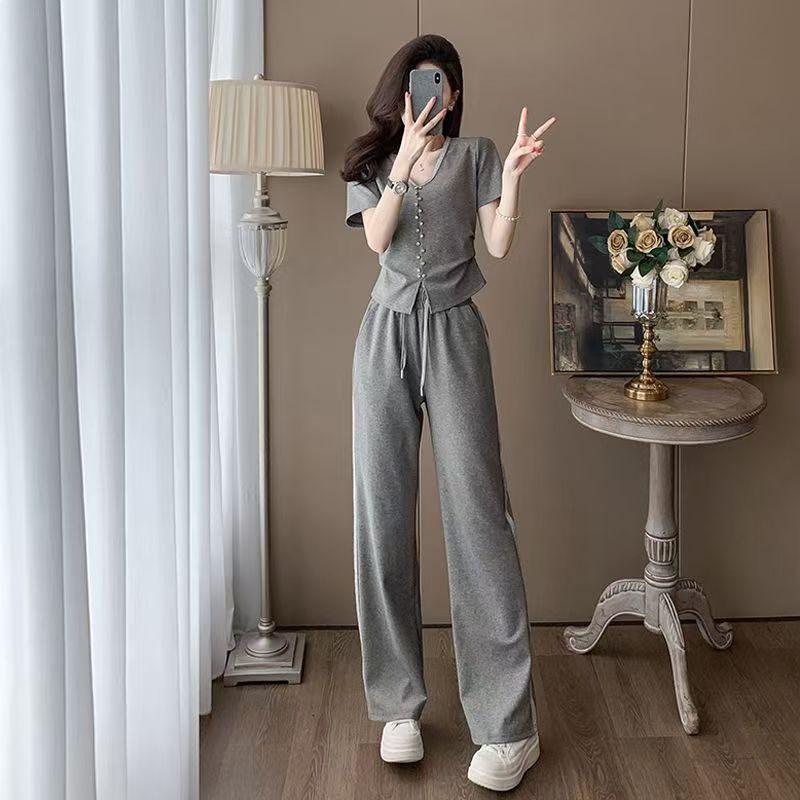 Women's Summer Casual Two-Piece Set: Stylish Korean Short Sleeve Top & Wide Leg Pants