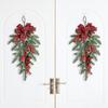Christmas Teardrop Swag Wreath Artificial Pine Branch Teardrop Swag with Pine Cone Red Berry And Plaid Bow for Winter Front Door Wall Staircase