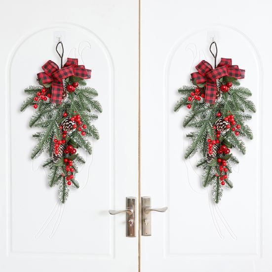 Christmas Teardrop Swag Wreath Artificial Pine Branch Teardrop Swag with Pine Cone Red Berry And Plaid Bow for Winter Front Door Wall Staircase