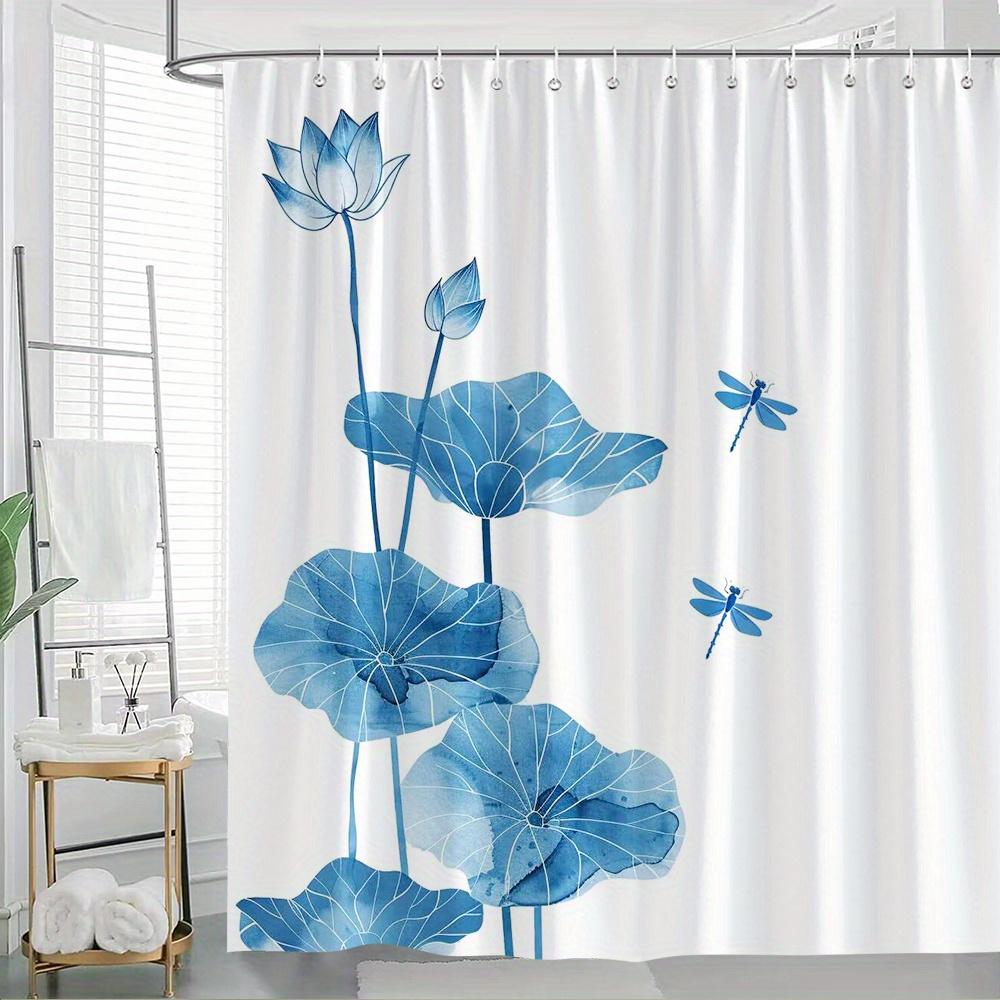 

1Pc Large Blue For Lotus & Dragonflies Shower Curtain - Elegant Bathroom Window Divider With 12 Hooks, High Quality Polyester W60H190(CM)-1 Pcs
