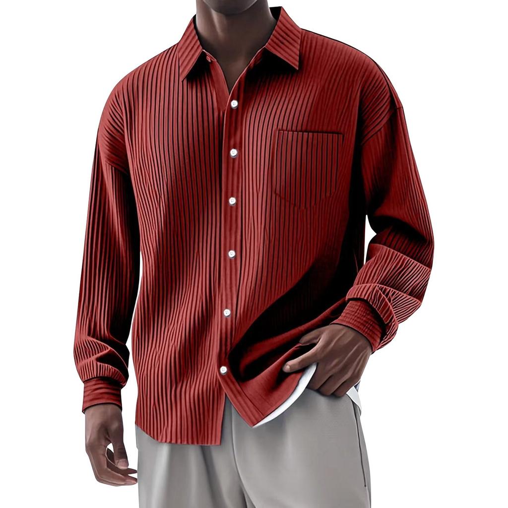 Men's Summer Solid Color Stripe Lapel Long Sleeved Shirt Men's Casual Fashion Long Sleeved Shirt