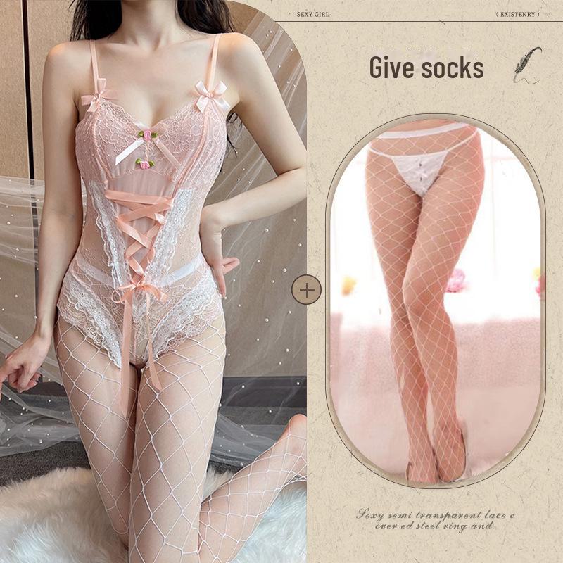 Sweet Candy Color Lace Lingerie Jumpsuit with Temptation Straps and Open Crotch