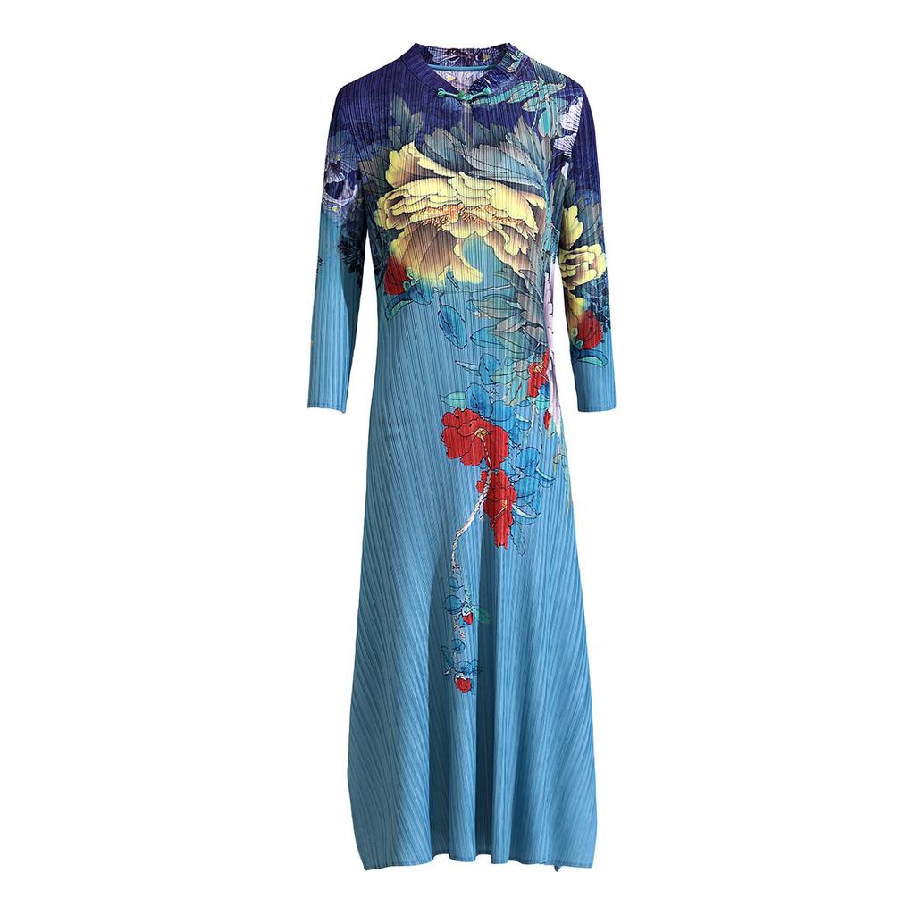 Spring and Autumn Women's Printed Dress Slim Long A-Line Long Dress Irregular Hem