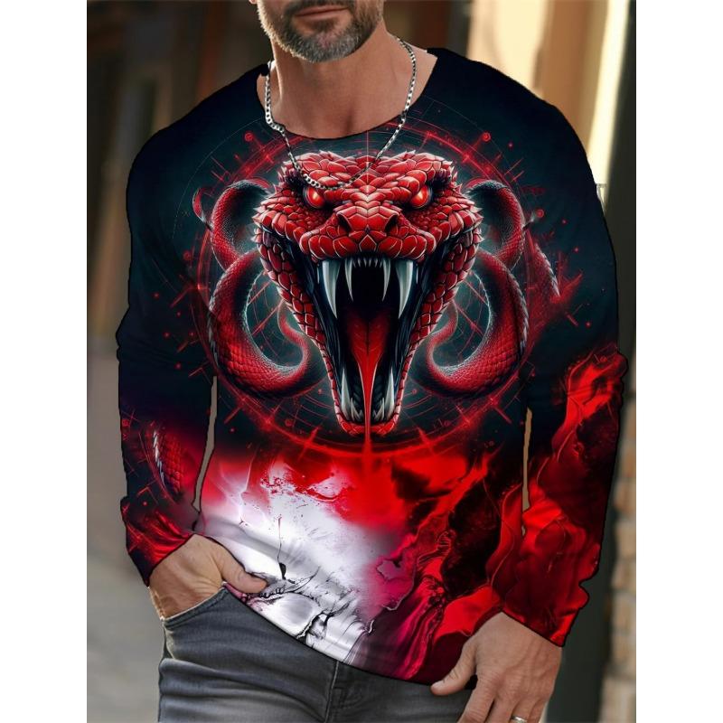 Spring and Autumn Round Neck 3D Snake Pattern Printed Top Fashionable Casual Long Sleeved Men's T-shirts