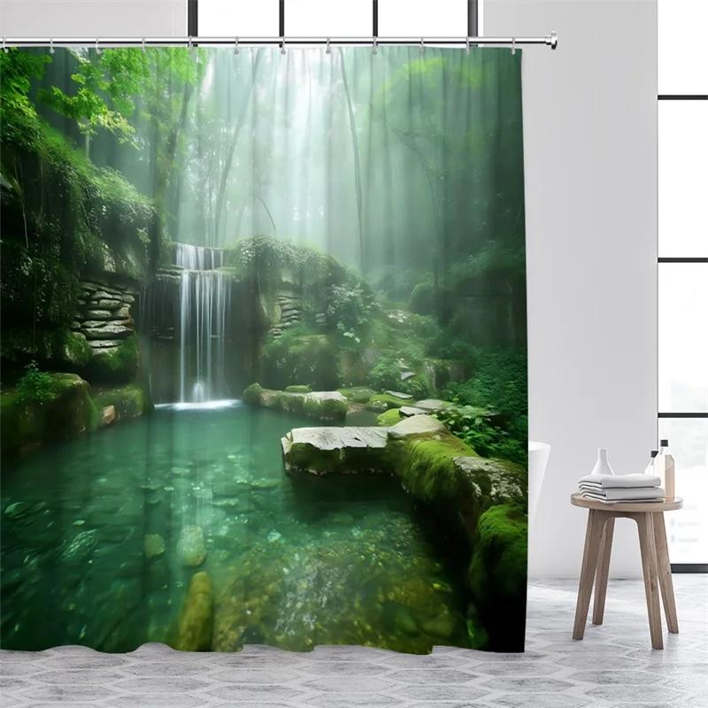 Tropical Jungle Landscape Shower Curtains Green Plants Palm Tree Waterfall Forest Nature Scenery Home Bathroom Curtain Decor Set