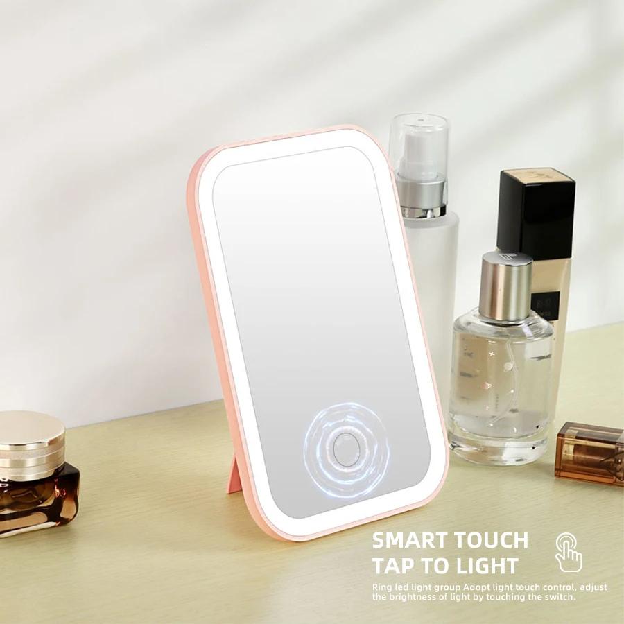 LED Touch Screen Makeup Mirror Folding Mirror Lighted Makeup Mirror 3 Colors Light Modes USB Rechargeable Cosmetic Mirror розовый
