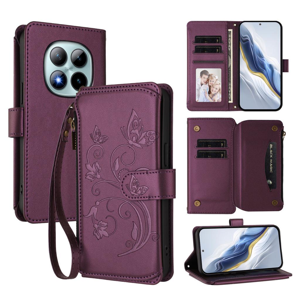 For Xiaomi Redmi Note 15 Pro+ 5G Leather Case Butterfly Floral Imprint Zipper Wallet Stand Cover with Wrist Strap