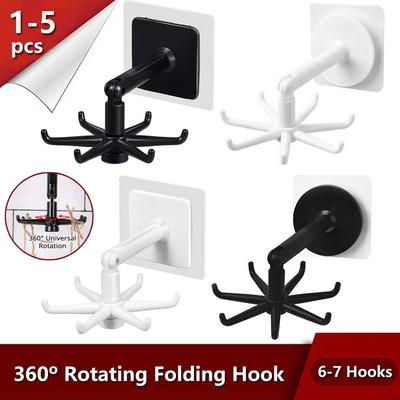 1-5pcs Kitchen Rotating Punch-free Wall-mounted Shelf 6/7 Rotating Hooks Pot Shovel Chopping Nail-free Adhesive Hook Rack