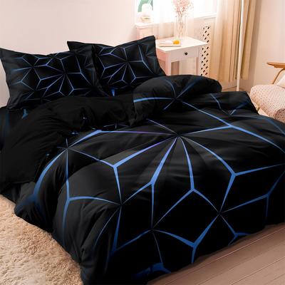 Duvet Cover Set Blue and Black Geometric Printed Comforter Cover Set Personalized SpaceThemed Plaid Bedding Set for Adult Kids