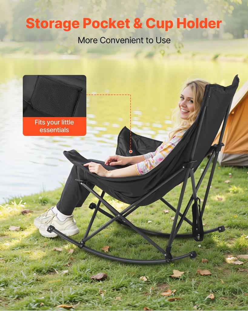 Heated Camping Chair, 3 Heating Settings, Large-Sized Padded Folding Rocker, Heavy Duty Outdoor Lawn Chairs with Pocket & Cupholder, Support 225lbs,
