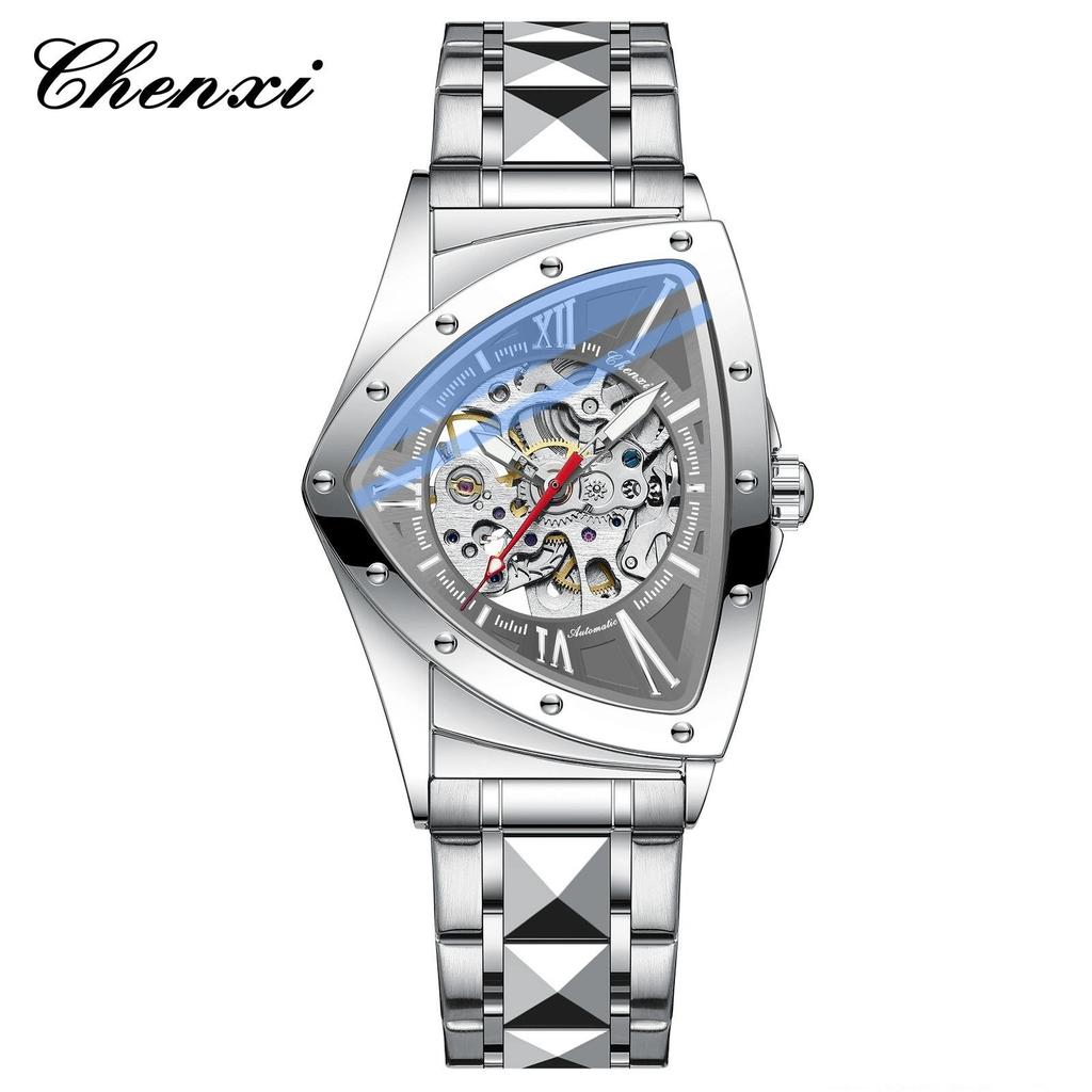 CHENXI Men's Triangle Skeleton Mechanical Watch Unique Design Water Resistant Luminous Stainless Steel/Black Leather Strap Business Watches