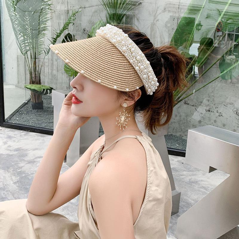 Straw hat spring and summer women's pearl fixed diamond empty top hat ins wind straw woven pearl strip big eaves sun protection monochrome sun hat
