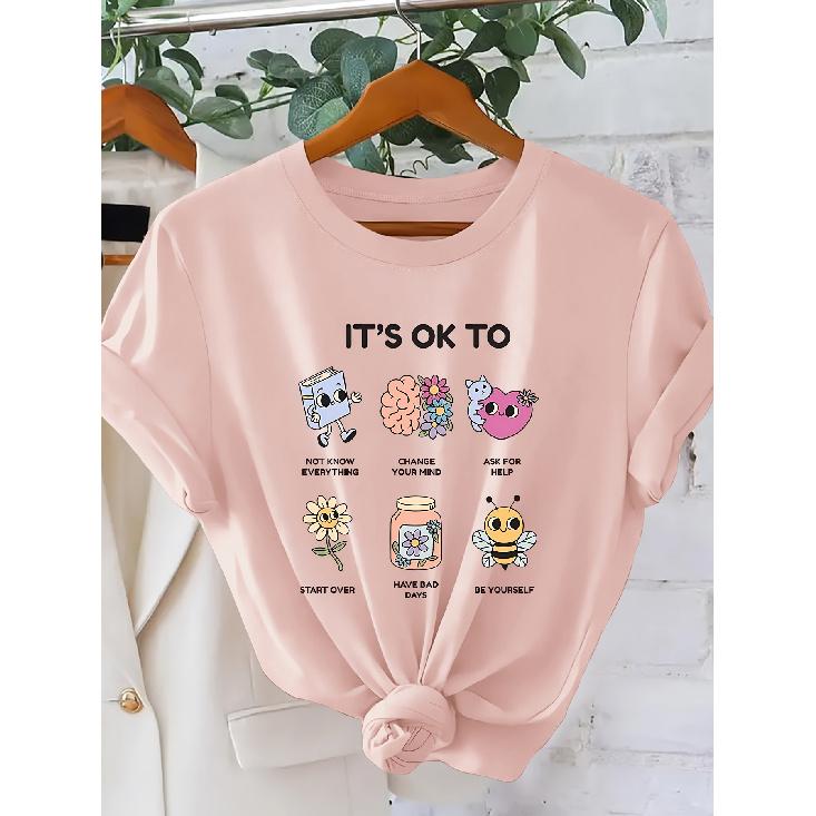 Self-Acceptance Statement for Women T Shirt | “It's OK To” Cartoon Illustration, Psychological Healing Style, Round Neck, Short Sleeves| Casual