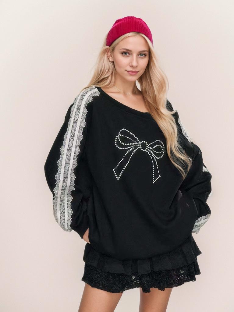 Autumn 2024 Sweet Lace Butterfly Print Round Neck Hoodie