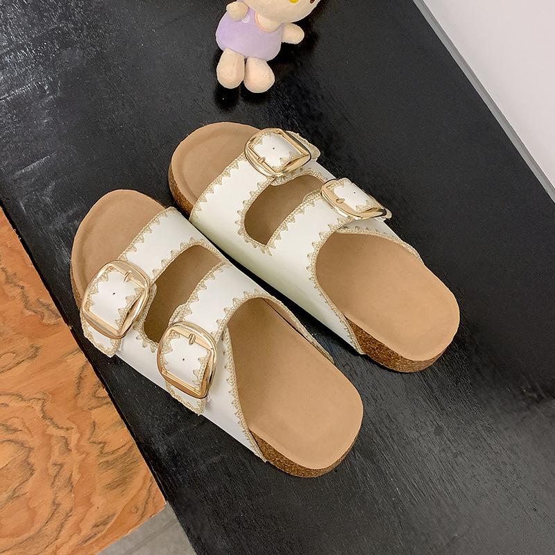 Cowhide version~ thick bottom heightening suture belt buckle outer wear retro one-word cool slippers women's beach slippers