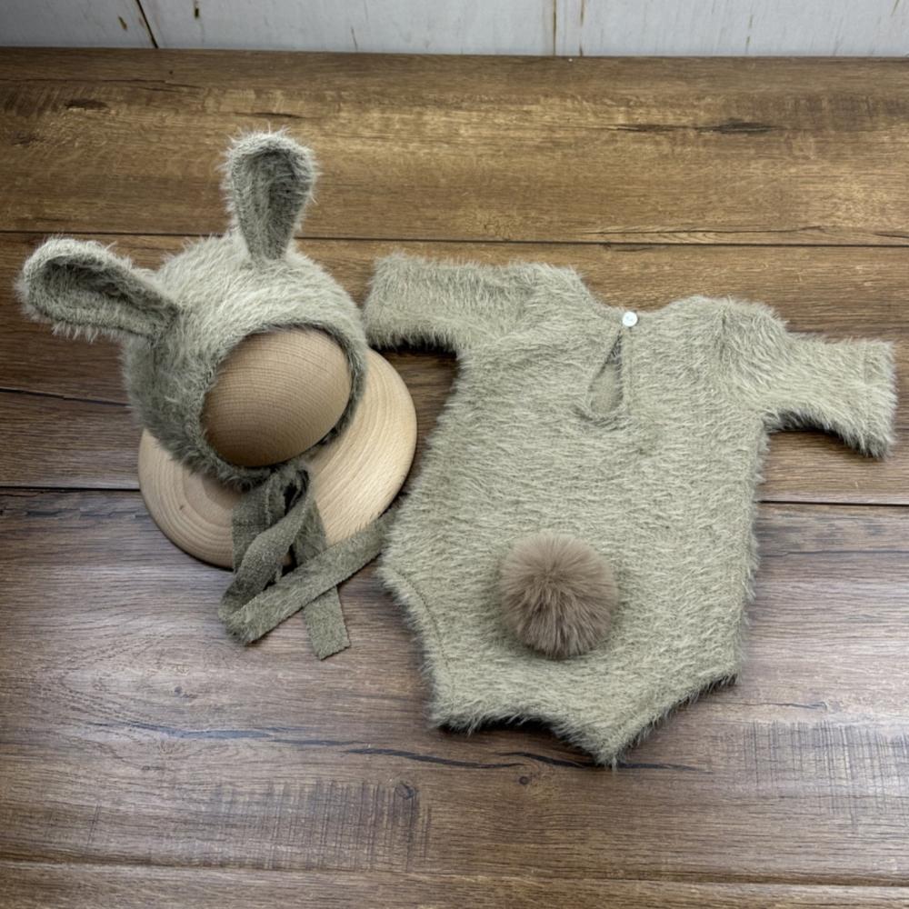 Soft Knitted Newborn Photography Props Adorable Rabbit Doll Prop Knitted Baby Outfit for Newborn