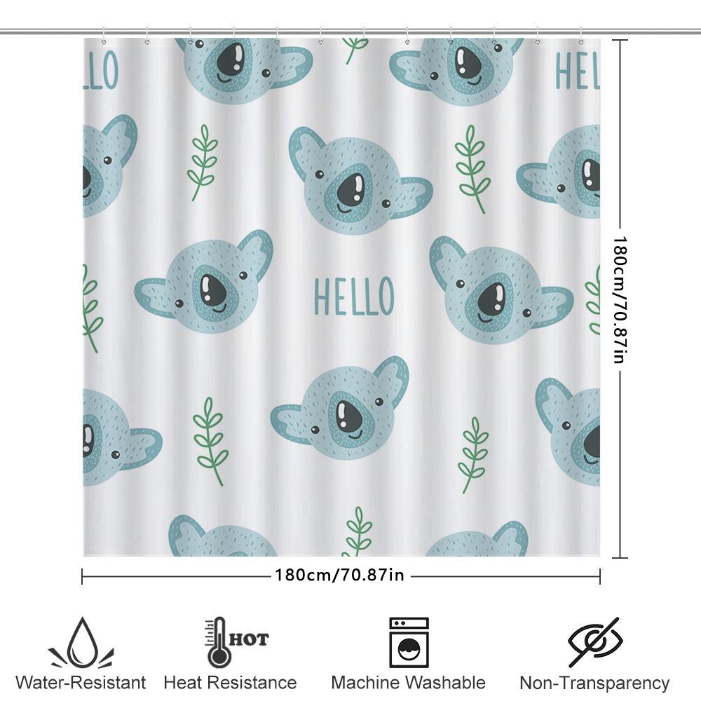 Adorable Koala Blue Shower Curtain Set For Bath Decoration Hello Text Green Branches Pattern Home Decor Waterproof Fabric 72''X8