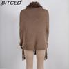 BITCED Fall/Winter Fringe Cape Shawl with Fur Collar Solid-Color Knit Sweater Jacket