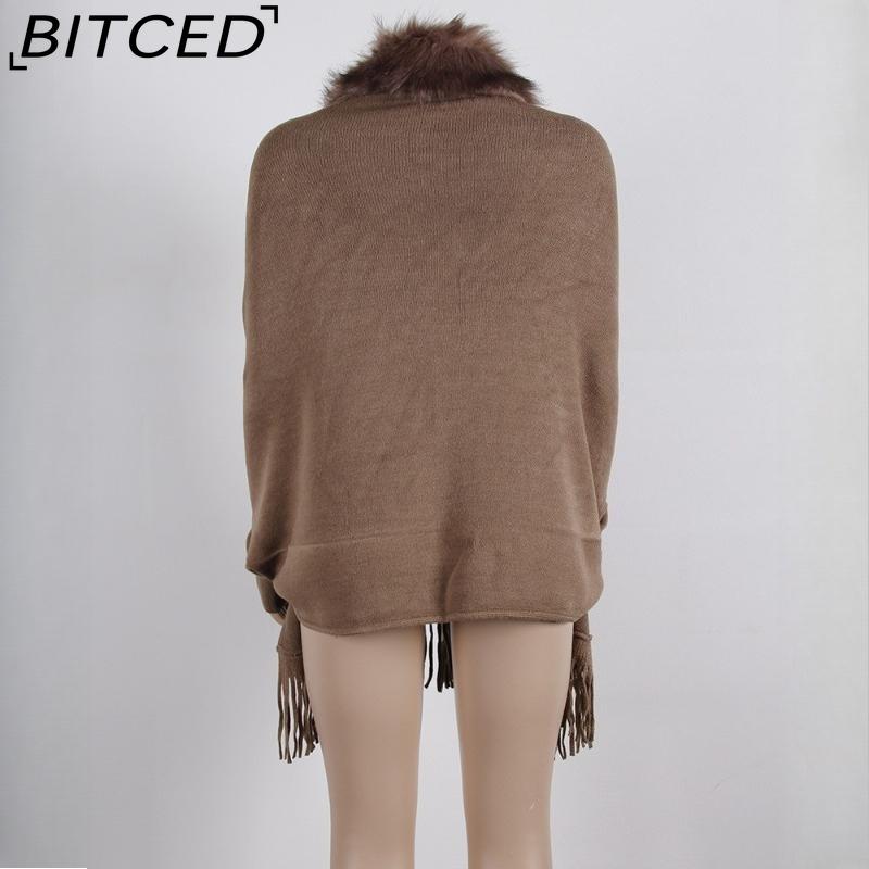 BITCED Fall/Winter Fringe Cape Shawl with Fur Collar Solid-Color Knit Sweater Jacket