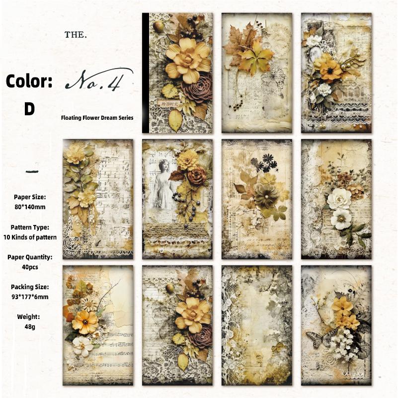 40PCs Vintage Scrapbooking Background Paper Decorative Diary Album Craft DIY Supplies Material Paper Floating Dream Flower